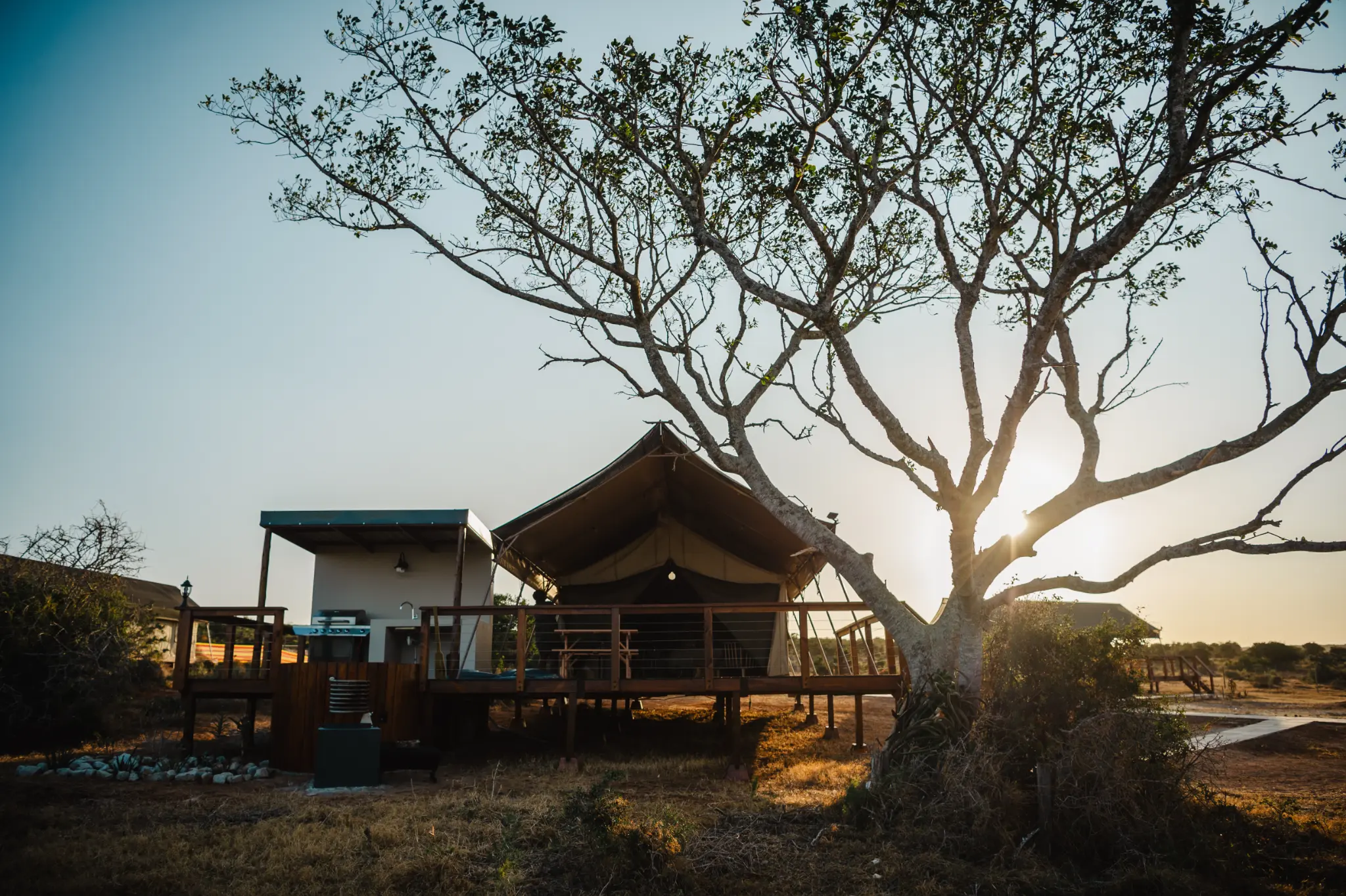 Longhill Reserve Luxury Tent exterior at sunset