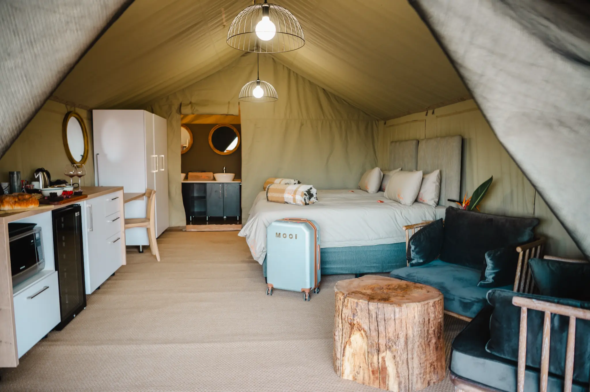 Longhill Reserve Luxury Tent king bedroom and sitting area